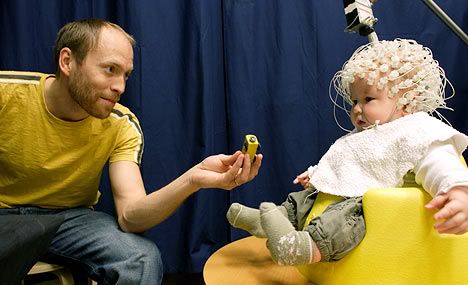 Baby has 128 electrodes attached to head 