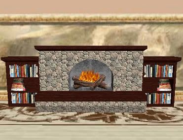 Stone fireplace with bookshelves