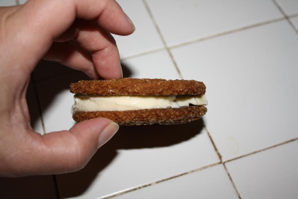 Ice cream sandwich made with Molassas ginger cookies
